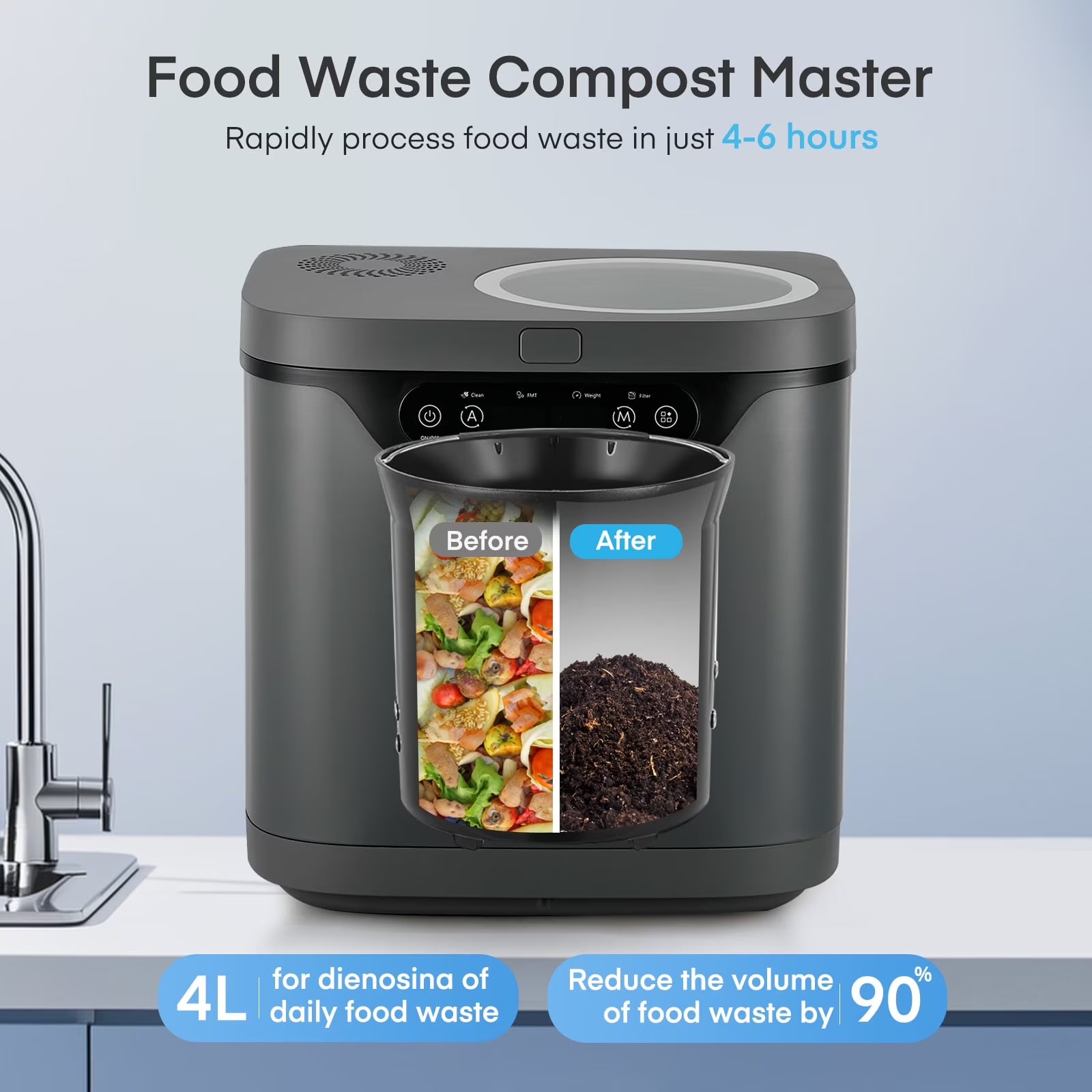 4 L Electric Composter for Kitchen, Countertop Compost Bin Indoor with Visible Window, LED Display