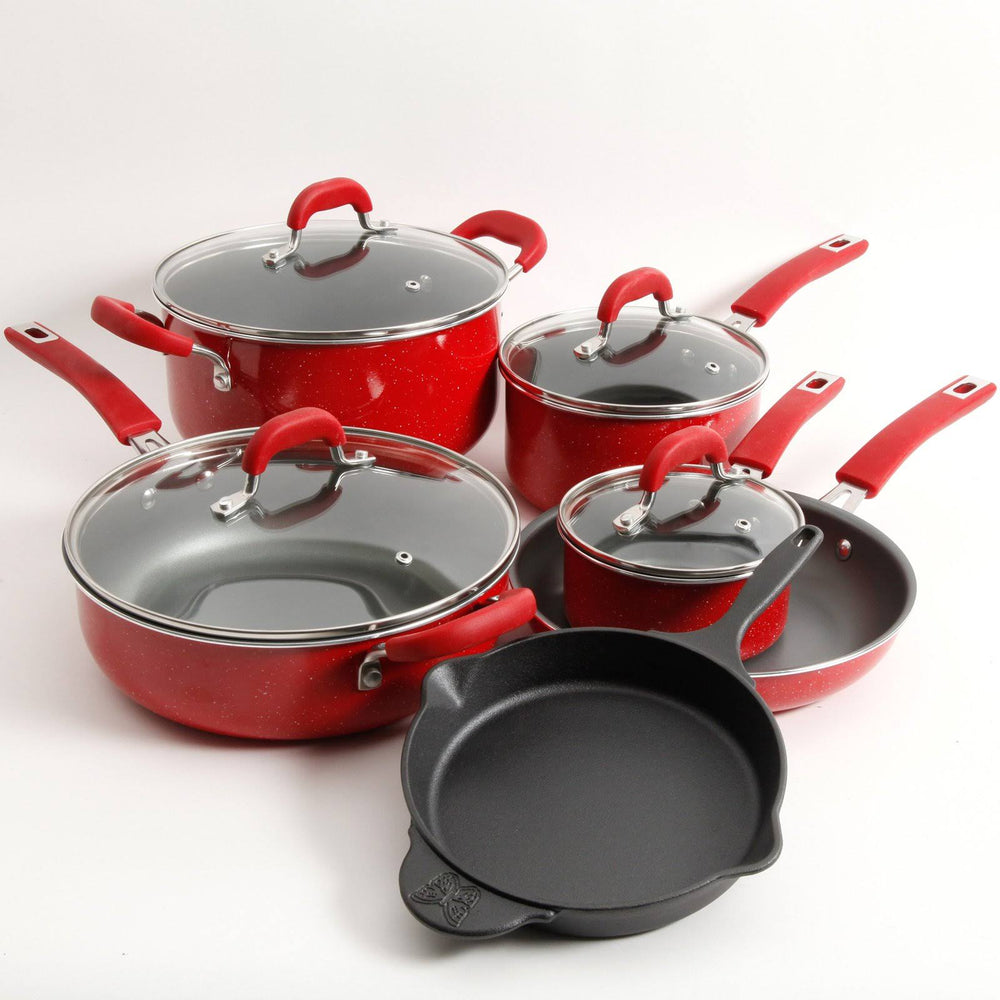 The Pioneer Woman Vintage Speckle 10-Piece Non-Stick Pre-Seasoned Cookware Set Red