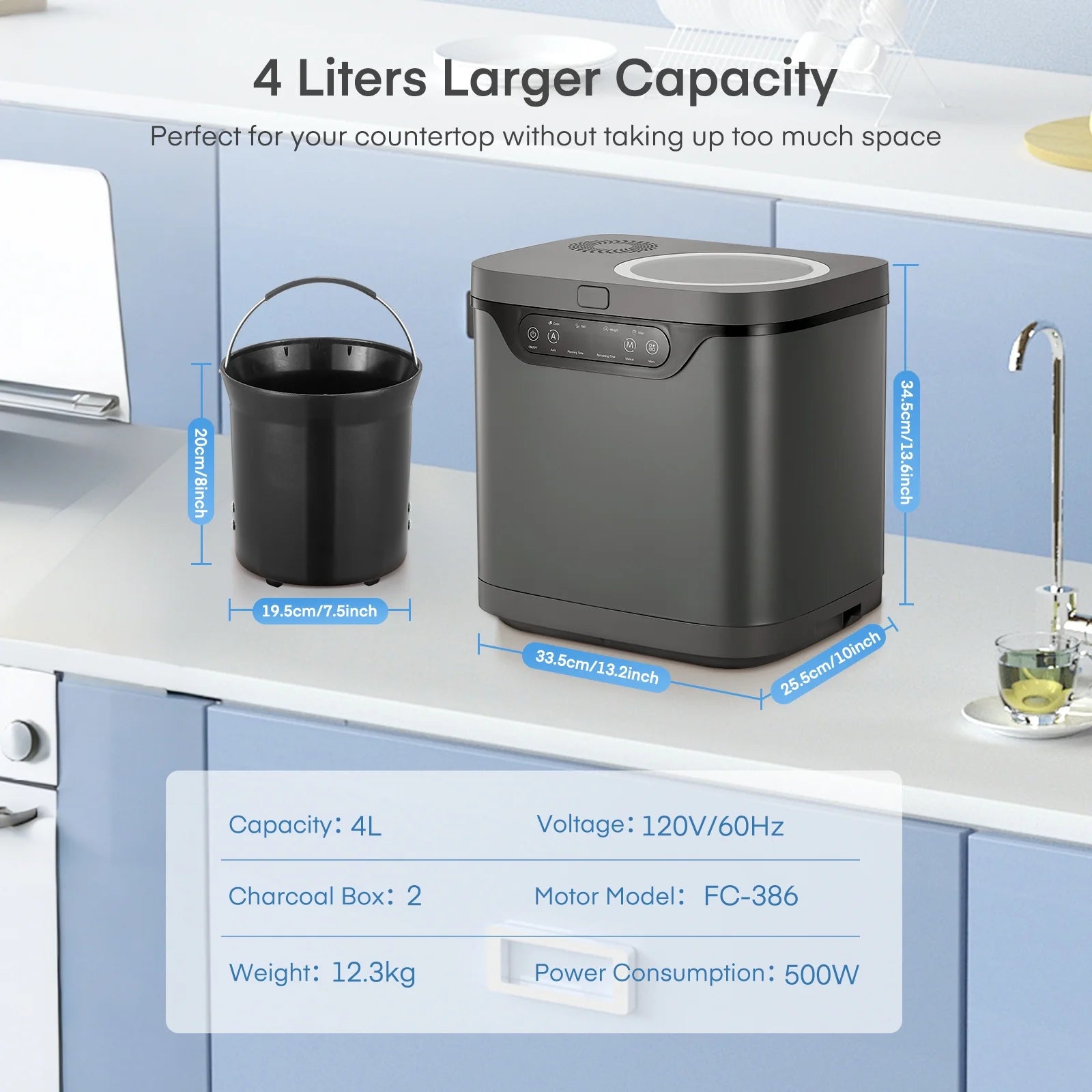 4 L Electric Composter for Kitchen, Countertop Compost Bin Indoor with Visible Window, LED Display